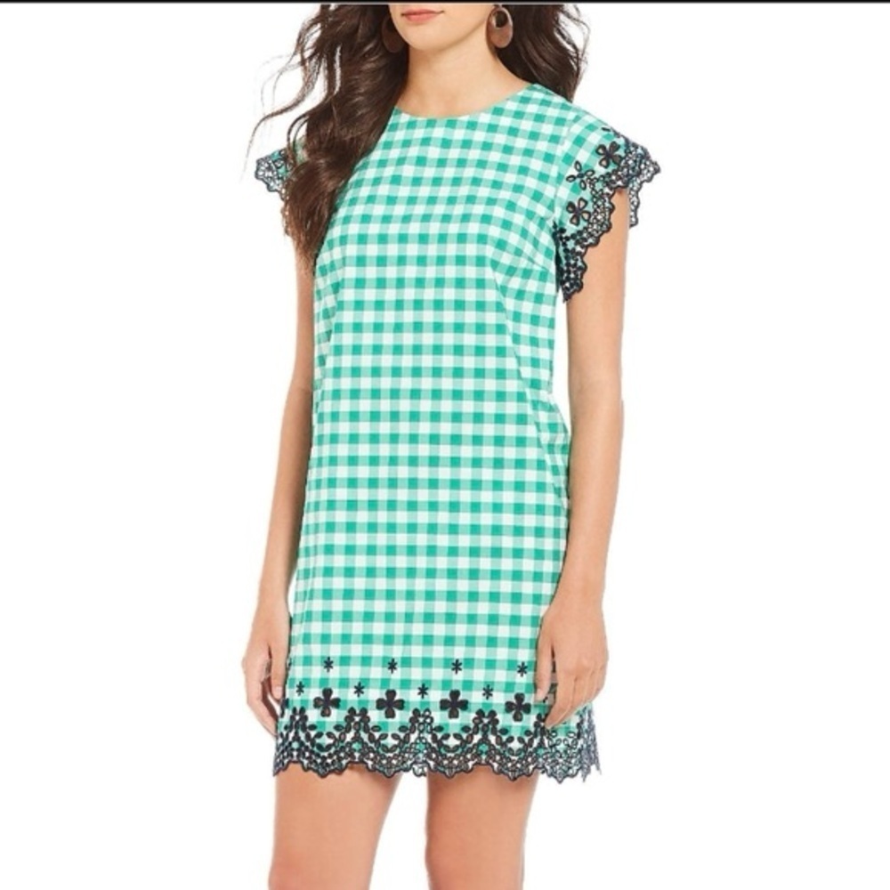 Draper James Womens Shift Dress Green Gingham Check Cap Sleeves Embroidery 12